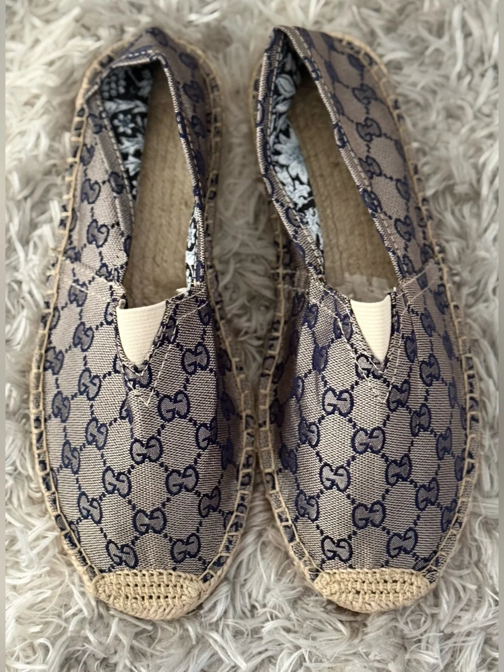 Gucci Beige Canvas Logo Espadrilles with Navy GG Print